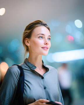 A young woman in a gray shirt stands indoors, looking ahead with a slight smile, surrounded by soft, colorful bokeh lights.