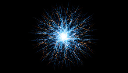 Fototapeta premium Bright electric energy burst blue orange light rays black background.