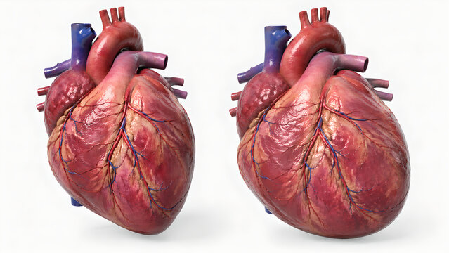 Realistic 3D human heart, enlarged left ventricle and left atrium, mild chamber dilation, preserved anatomy, subtle LV wall thinning