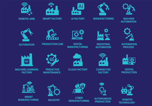 Smart Industry vector icon set. Featuring robotic arm, AI factory, IoT, automation, digital manufacturing, and predictive maintenance concepts.