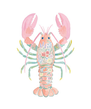 Floral lobster illustration, pastel pink marine crustacean with flower pattern, whimsical coastal nautical art for summer decor