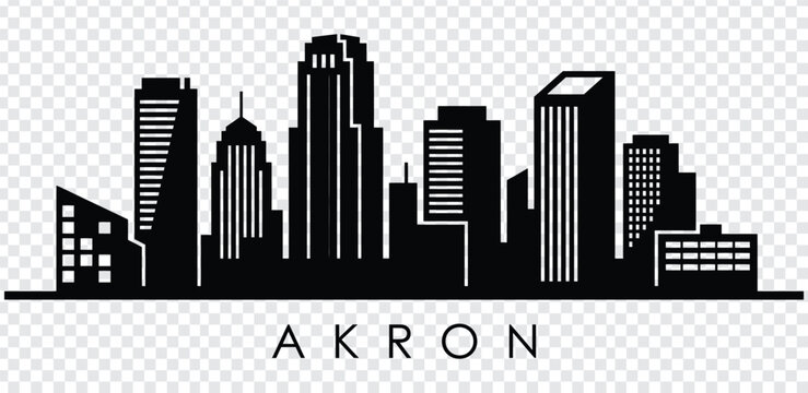 Black silhouette of akron city skyline with various buildings and skyscrapers