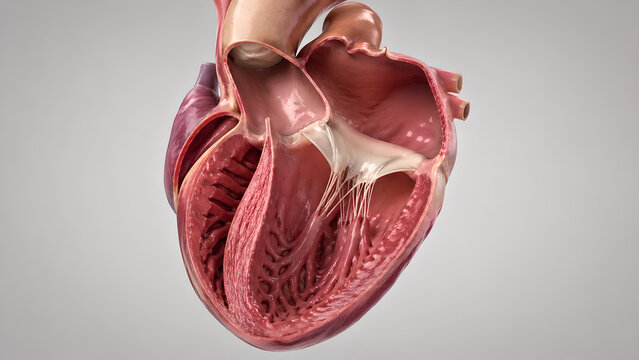 Realistic 3D human heart, enlarged left ventricle and left atrium, mild chamber dilation, preserved anatomy, subtle LV wall thinning