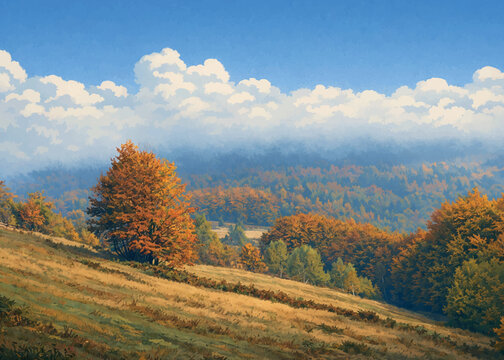 A vibrant autumn landscape with rolling hills covered in orange, yellow, and green foliage. Misty forested slopes fade into the distance under a bright sky with large white clouds