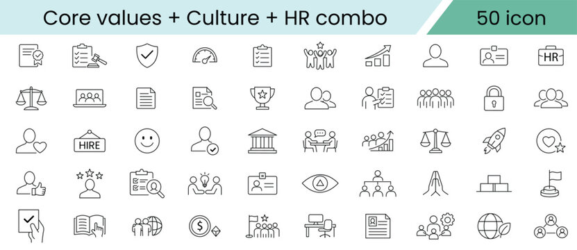 Set of 50 core values culture and hr line icons for business management leadership recruitment and human resources development