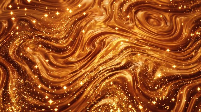 Abstract Liquid Gold Swirls Background with Sparkling Glitter and Shining Stars Texture.