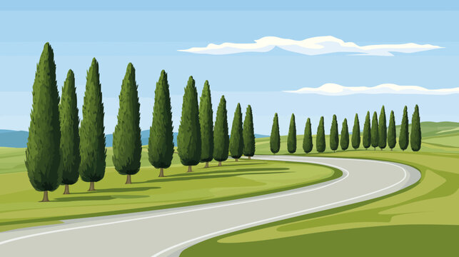 A scenic illustration of cypress trees lining a winding road through a lush green landscape
