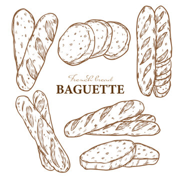 Set of hand drawn French bread baguette outline drawing illustration