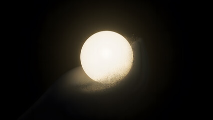 Obraz premium Abstract visualization of a fading light source turning into dust in dark space