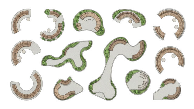 Curved landscape seating modules and organic pathway layout, top view garden design elements with benches and greenery