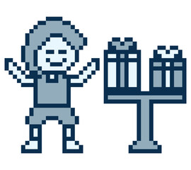 Fototapeta premium Cartoon cute man male give or show gift box present birthday and bonus,reward,8 bit,christmas.