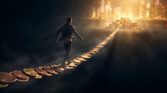Ambitious journey towards financial triumph, as a determined individual walks a challenging path of golden coins to a radiant city of prosperity
