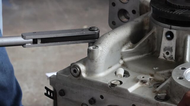 A medium static shot showing mechanics working together to assemble or repair a heavy industrial gearbox. One technician is using a torque wrench.