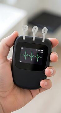 Hand holding portable electrocardiogram device.