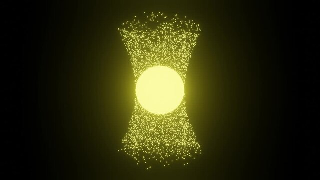 yellow energy sphere with particle hourglass field animation.  

glowing orb surrounded by particle aura on black background.   

abstract magnetic field particles motion graphics effect.  