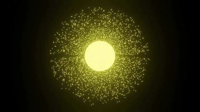 particle sphere burst explosion on black background.  

yellow energy pulse shockwave particles expansion.  

radial particle shell motion graphics vfx element.  