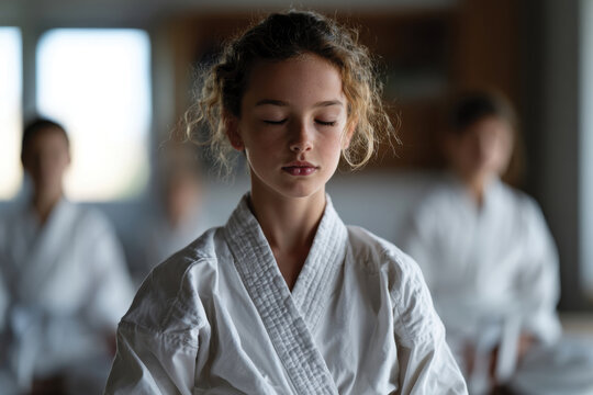 A thoughtful young girl engaging in quiet reflection during martial arts training highlights the importance of mental focus and emotional control among peers in a serene practice setting.