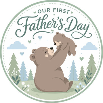 Cute Kawaii Papa Bear and Cub Illustration, our "First Father's Day" Whimsical Watercolor Bear Badge