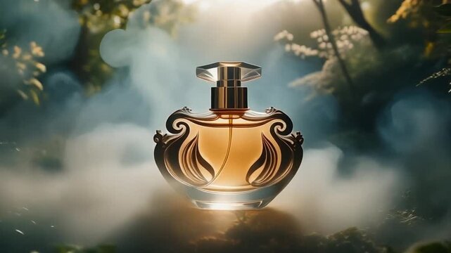 Elegant perfume bottle with smoke in enchanted forest, golden hour