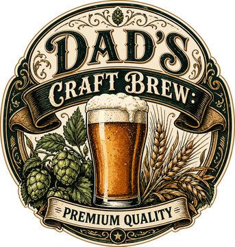 Retro Brewery Badge for Father's Day, Vintage Dad's Craft Brew Label with Beer Glass and Hops