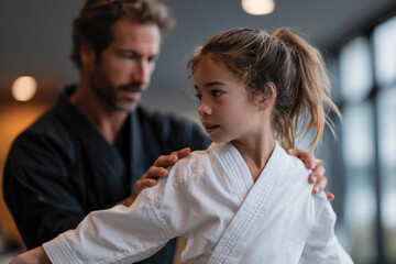 Fototapeta premium An experienced trainer works closely with a young martial artist, emphasizing the importance of technique, control, and mentorship in developing skills in competitive settings.