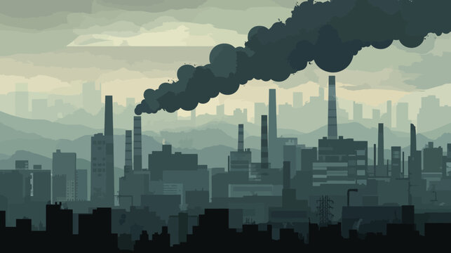 Silhouetted cityscape illustrating industry and pollution with factories and dark smoke