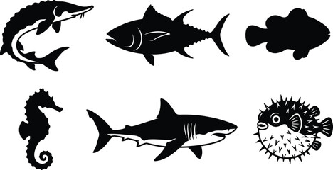 Collection of fish silhouettes set, marine sea animals icons and aquatic species, isolated vector bundle artwork © Vexora Studio
