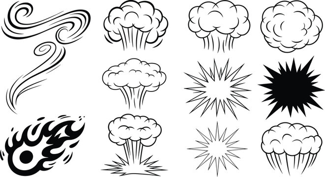 Collection of explosion smoke effects set, blast clouds wind swirls and comic bursts, isolated vector illustration bundle