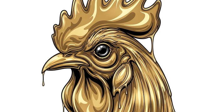Golden Rooster Close-up Illustration Portrait.