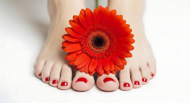 Beautiful female feet with red nail polish and a vibrant orange flower, embodying beauty and relaxation