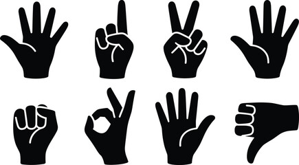 Fototapeta premium Collection of hand gesture icons set, counting signs symbols and fingers poses, isolated vector communication bundle