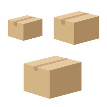 Set of Three Simple Closed Cardboard Boxes in Different Sizes, Vector Illustration