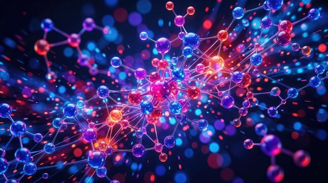 Abstract illustration of molecules and atoms, science background with colorful connections.