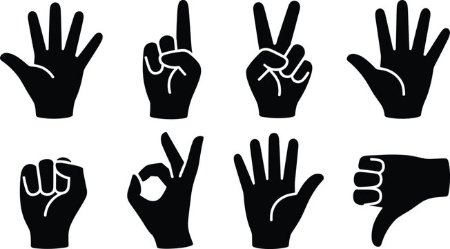 Collection of hand gesture icons set, counting signs symbols and fingers poses, isolated vector communication bundle