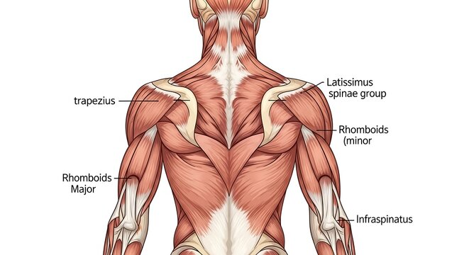 Human back muscles anatomy diagram.