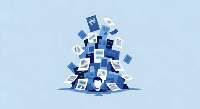 Overwhelmed by paperwork, a person is buried under a massive pile of documents, symbolizing stress, bureaucracy, and information overload