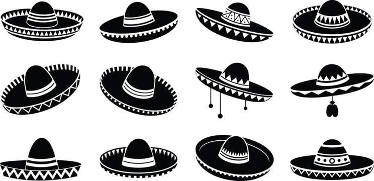 Collection of sombrero hat silhouettes set, mexican traditional headwear icons and fiesta symbols, isolated vector illustration bundle