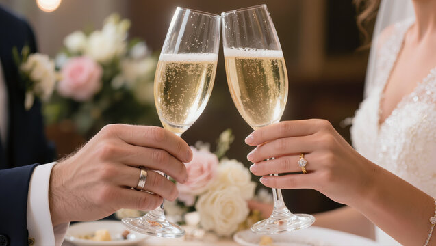 Bride and groom clinking champagne glasses during wedding toast, elegant celebration moment with sparkling wine and romantic atmosphere
