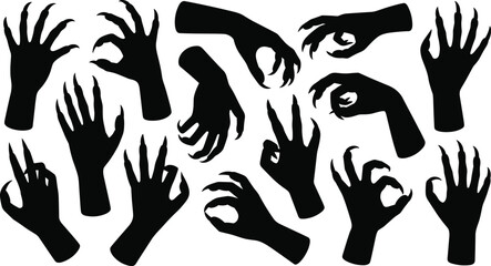 Collection of spooky hand silhouettes set, horror creepy claw gestures and scary fingers, isolated vector halloween bundle © Vexora Studio
