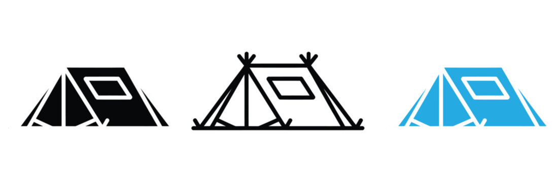 Set of three colorful tent icons in black, White, And blue for camping and outdoor activities