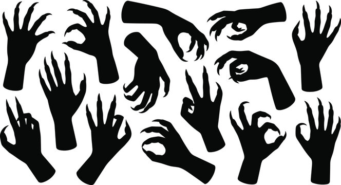Collection of spooky hand silhouettes set, horror creepy claw gestures and scary fingers, isolated vector halloween bundle