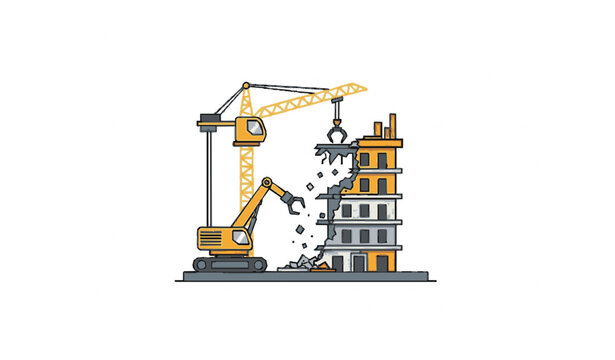 Demolition crane dismantling building flat vector illustration construction site destruction concept
