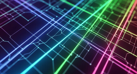 Fototapeta premium Abstract digital network grid with colorful glowing lines and nodes.