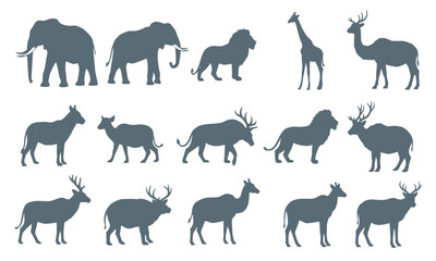 Fototapeta premium A collection of various wild animal silhouettes, including elephants, lions, and deer, designed with a dark grey polygonal geometric pattern.