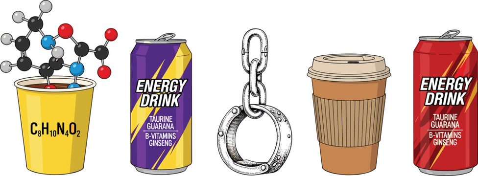 Illustration of Energy Drinks, Chemical Formula, Chain Symbol, and Coffee for Caffeine, Boost, and Energy Supplement Graphics