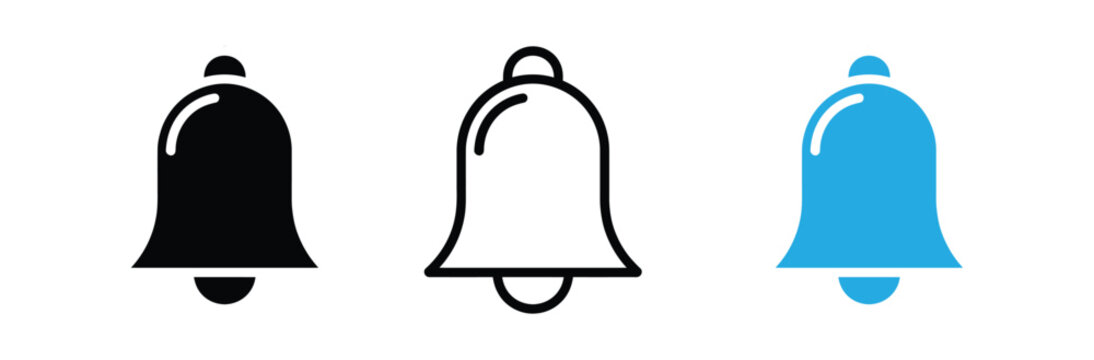 Notification bell icons in black, White, And blue for alerts and reminders