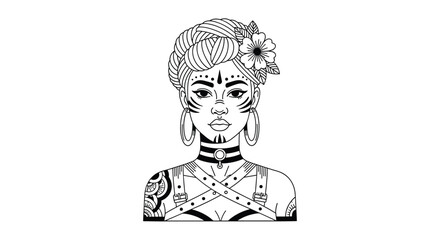 Fototapeta premium Intricate line art portrait of a woman with facial markings tattoos braided hair and a flower in her hair for coloring.