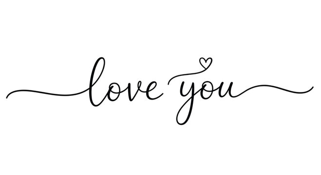 Minimalist script lettering of the phrase love you with a small heart detail isolated on a plain white background.