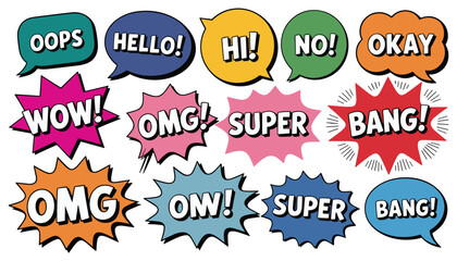 Comic Speech Bubbles: Diverse comic speech bubbles, for expressing emotions and communication in comic style. Fun speech bubble, talking balloon, message bubble, chat bubble, graphic design. © SHUVO