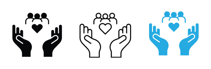 Fototapeta premium Hands holding people and heart icons in black, White and blue for charity, Care and love concepts